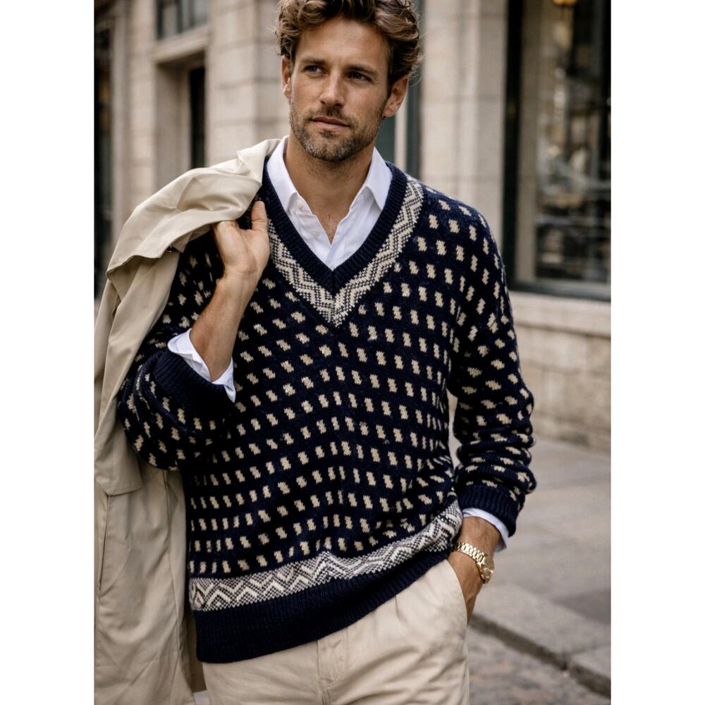 Huckberry Vintage L BRAEMAR Scotland 100% Cotton Sweater V Neck Diamond Blue